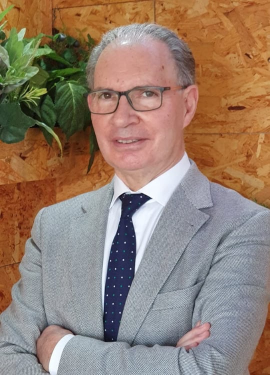 Hombre en traje gris y corbata con fondo de madera y plantas.